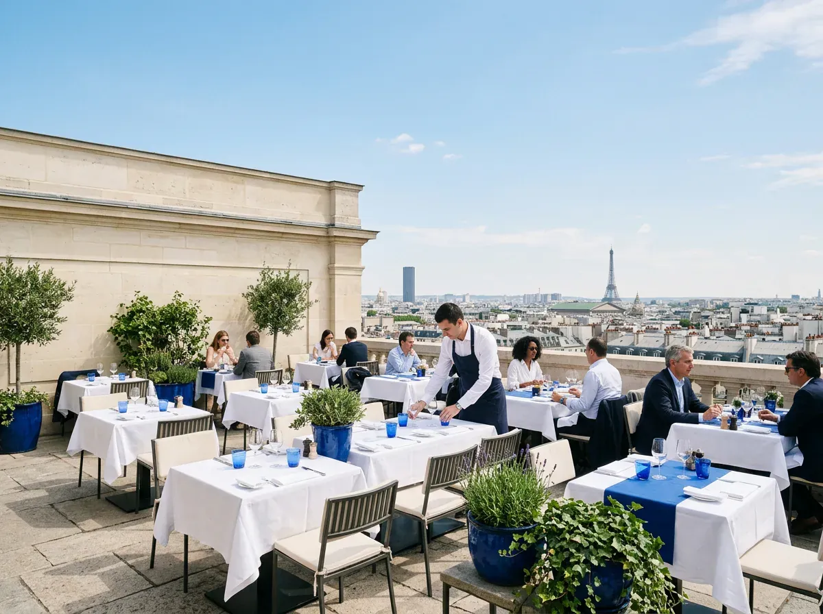 Terrasse de restaurant lumineuse pendant le service