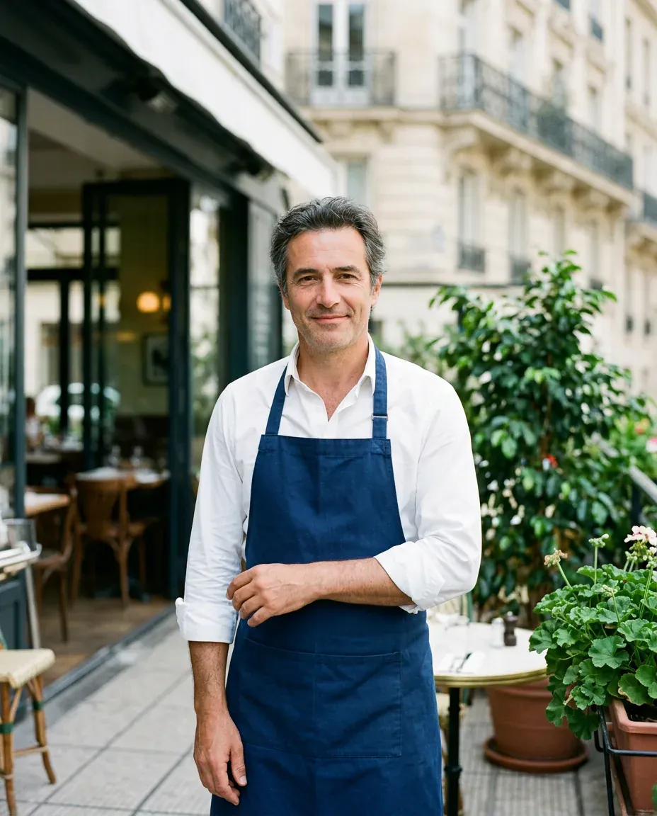 Responsable de restaurant devant son établissement